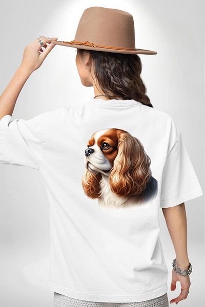 Angemiel Cavalier King Charles Spaniel Dog Design White Oversize Women's Men's Front and Back Printed T-Shirt