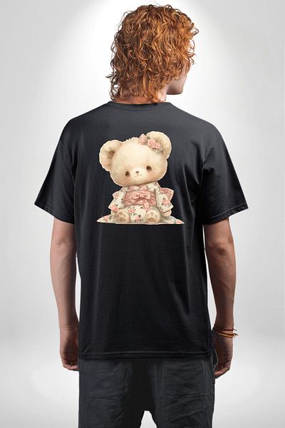 Angemiel Pink Teddy Bear Design Black Oversize Women's Men's Front and Back Printed T-Shirt with Kimono