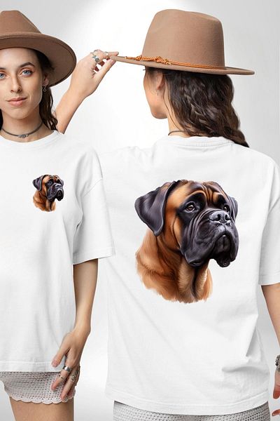 Angemiel Strong Bullmastiff Dog White Oversize Women's Men's Front and Back Printed T-Shirt