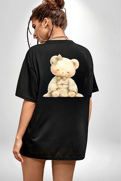 Angemiel Cream Colored Floral Patterned Kimono Sweet Teddy Bear Black Oversize Women's Men's Front and Back Printed T-Shirt
