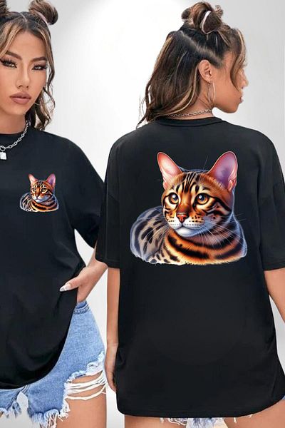 Angemiel Bengal Cat Black Oversize Women's Men's Front and Back Printed T-Shirt