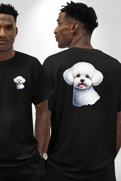 Angemiel Bichon Frise White Sweet Small Breed Dog Black Oversize Women Men Front and Back Printed T-Shirt