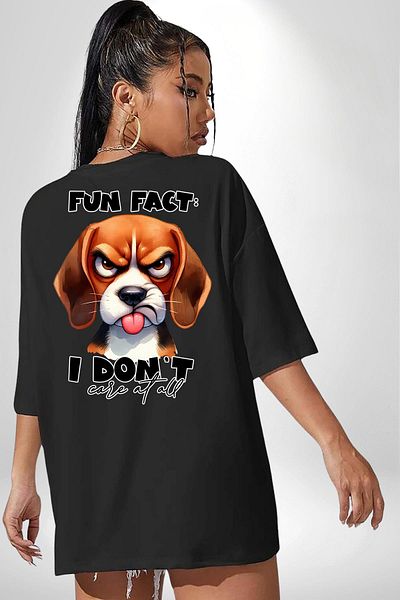 Angemiel I Don'T Care Written Thoughtful Beagle Dog Black Oversize Women's Men's Front and Back Printed T-Shirt