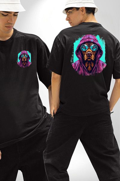 Angemiel Charismatic Dark Style Dog with Blue Glasses Black Oversize Women's Men's Front and Back Printed T-Shirt