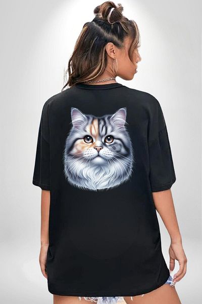 Angemiel Persian Cat Special Design Black Oversize Women's Men's Front and Back Printed T-Shirt