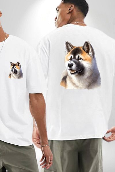 Angemiel تي شيرت Akita Inu Love Dog أبيض كبير الحجم للنساء والرجال مطبوع من الأمام والظهر