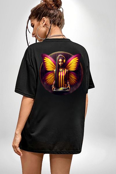 Angemiel Yellow Red Winged Butterfly Dj Fan Black Oversize Women's Men's Front and Back Printed T-Shirt