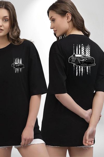 Angemiel Black Car Black Oversize Women's Men's Front and Back Printed T-Shirt for Motorsport Enthusiasts