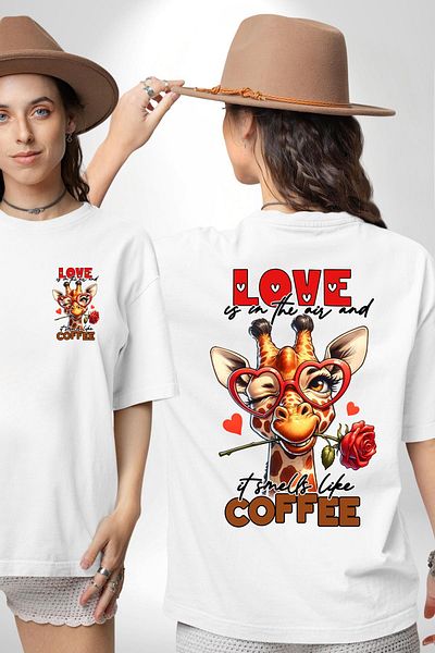 Angemiel تي شيرت مطبوع عليه قلب وردي من Coffee and Love's Combination باللون الأبيض للنساء والرجال من الأمام والخلف