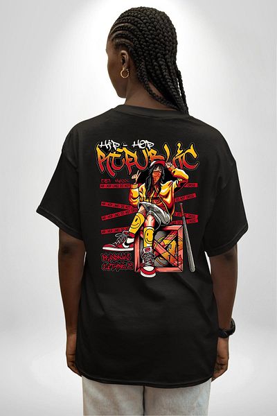 Angemiel Streetwear Black Oversize Women Men Front and Back Printed T-Shirt with Hip-Hop Style