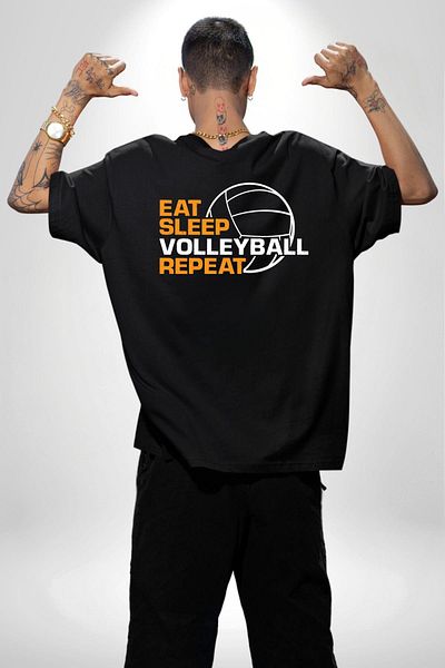 Angemiel Eat Sleep Volleyball Repeat Written Black Oversize Women Men Front and Back Printed T-Shirt