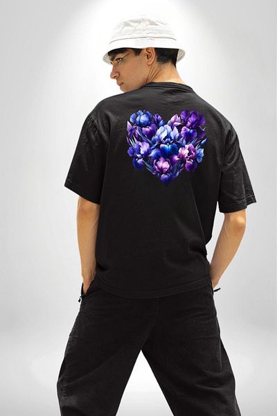 Angemiel Iris Flower Purple White Shades Elegance Black Oversize Women's Men's Front and Back Printed T-Shirt