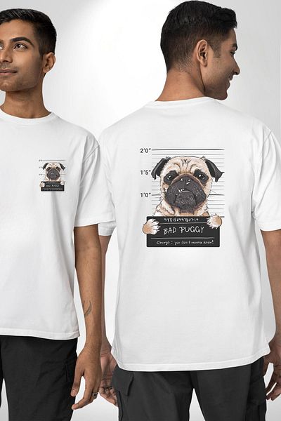 Angemiel تي شيرت مطبوع عليه وجه مجرم Pug Bad Dog للنساء والرجال باللون الأبيض مقاس كبير من الأمام والظهر