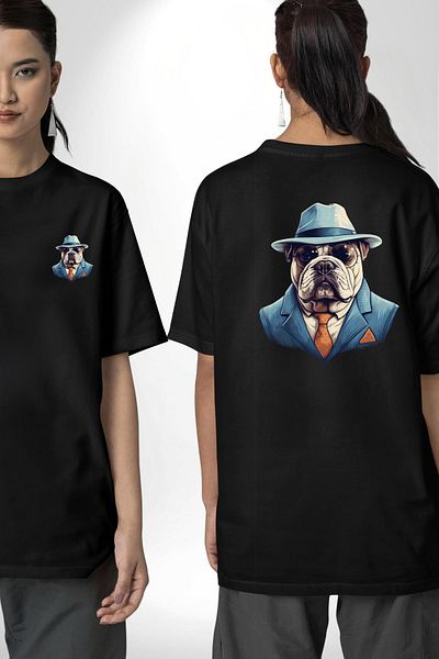 Angemiel City Gentleman  Bulldog Black Oversize Women's Men's Front and Back Printed T-Shirt