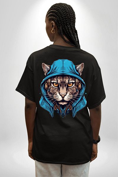 Angemiel Cyber ​​Cat Digital Tiger Eye Black Oversize Women's Men's Front and Back Printed T-Shirt