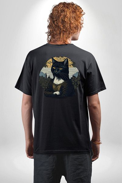 Angemiel Mona Lisa Imitation Cat Design Black Oversize Women's Men's Front and Back Printed T-Shirt