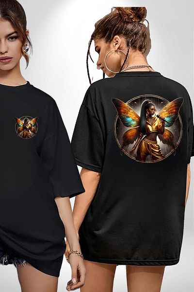 Angemiel Golden Yellow Winged Rapper Hip Hop Style Black Oversize Women Men Front and Back Printed T-Shirt