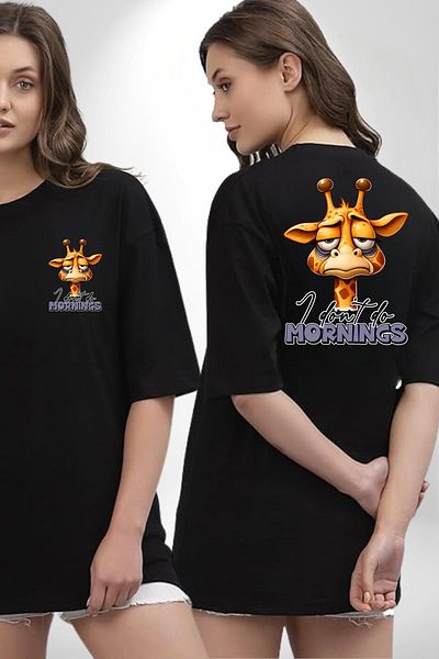 Angemiel Giraffe Who Doesn'T Like Mornings Sleepy Black Oversize Women's Men's Front and Back Printed T-Shirt