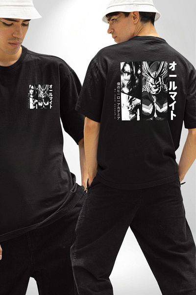Angemiel My Hero Academia All Might Anime Black Oversize Women's Men's Front and Back Printed T-Shirt