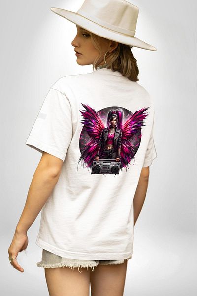 Angemiel تي شيرت مطبوع من الأمام والظهر للنساء والرجال باللون الأبيض بتصميم Boombox وBright Wings