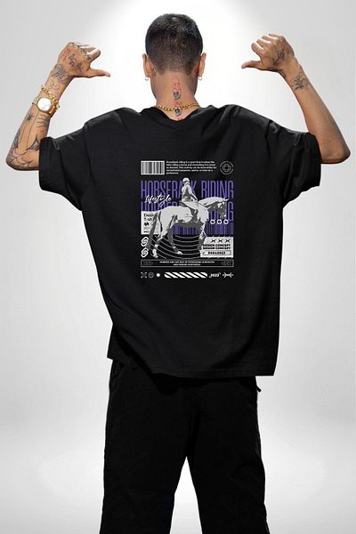 Angemiel Equestrian Lifestyle Horse Riding Black Oversize Women's Men's Front and Back Printed T-Shirt