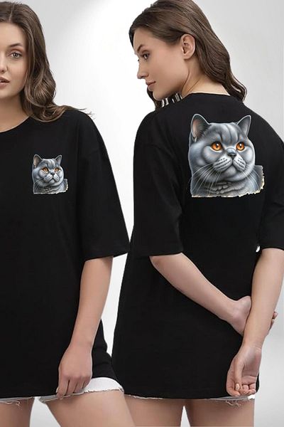 Angemiel Exotic Shorthair Cat Black Oversize Women's Men's Front and Back Printed T-Shirt