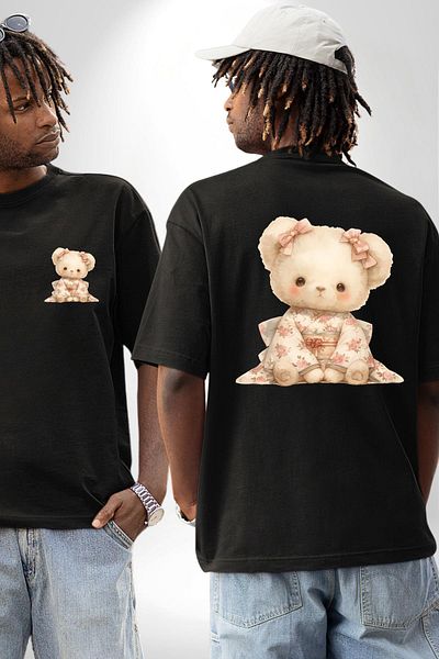 Angemiel Flower Patterned Kawaii Teddy Bear Black Oversize Women's Men's Front and Back Printed T-Shirt