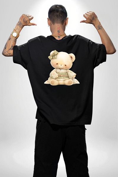 Angemiel Cute Teddy Bear in Pastel Tones Kimono Black Oversize Women's Men's Front and Back Printed T-Shirt