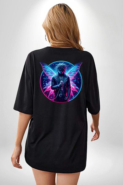 Angemiel Rapper with Microphone Hip Hop Blue-Pink Wings Black Oversize Women Men Front and Back Printed T-Shirt