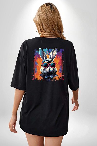 Angemiel Rainbow Party Glasses Bunny Black Oversize Women's Men's Front and Back Printed T-Shirt