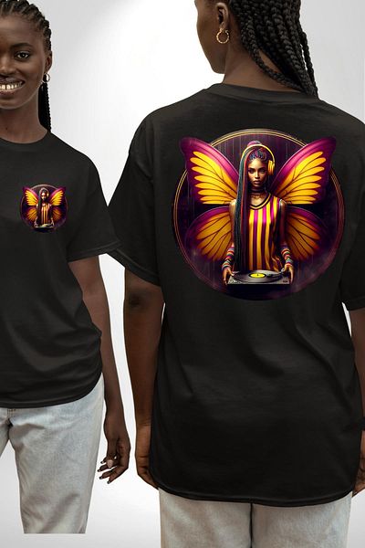 Angemiel Yellow Red Winged Butterfly Dj Fan Black Oversize Women's Men's Front and Back Printed T-Shirt