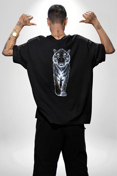 Angemiel White Tiger Artistic Black Oversize Women's Men's Front and Back Printed T-Shirt