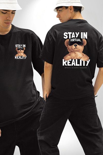Angemiel Virtual Reality Bear That Makes Dreams Come True Black Oversize Women Men Front and Back Printed T-Shirt