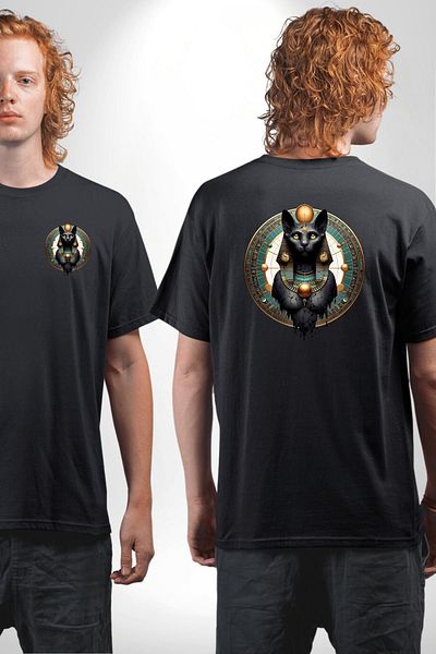 Angemiel Bastet Goddess Sacred Cat Ancient Egypt Black Oversize Women Men Front and Back Printed T-Shirt