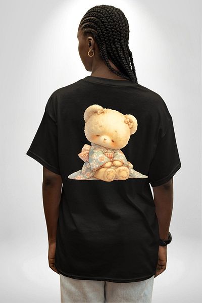 Angemiel Floral Pattern Pastel Tone Teddy Bear and Flower Black Oversize Women's Men's Front and Back Printed T-Shirt