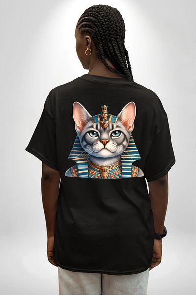 Angemiel Egyptian Mau's Royal Crown Cat Black Oversize Women's Men's Front and Back Printed T-Shirt