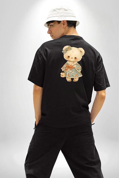 Angemiel Flower Patterned Dress Teddy Bear Black Oversize Women's Men's Front and Back Printed T-Shirt