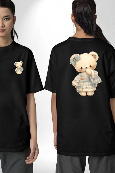 Angemiel Blue Square Patterned Teddy Bear Kawaii Style Black Oversize Women's Men's Front and Back Printed T-Shirt