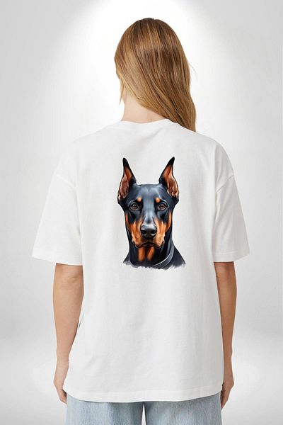 Angemiel Loyal Doberman Brave Strong Dog Design White Oversize Women Men Front and Back Printed T-Shirt