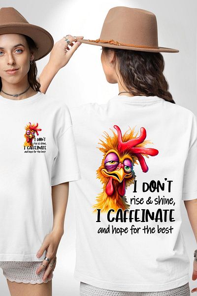 Angemiel تي شيرت I'm Not Coffee I'm Caffeine Funny Chicken أبيض كبير الحجم للنساء والرجال مطبوع من الأمام والظهر