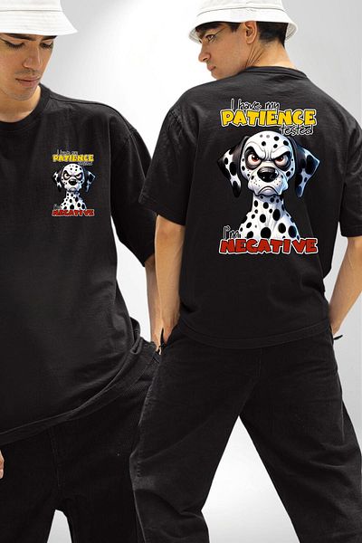 Angemiel Angry Dalmatian Dog Tested Patience Black Oversize Women Men Front and Back Printed T-Shirt
