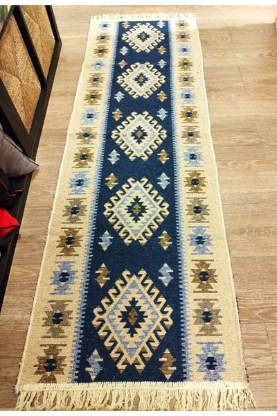 OEM 1+1 set of traditional rugs, jute, double-sided, 60x180cm+60x90cm blue and cream, ROMB model