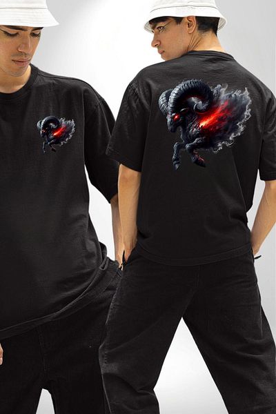 Angemiel Aries Special Design Black Oversize Women's and Men's Front and Back Printed T-Shirt