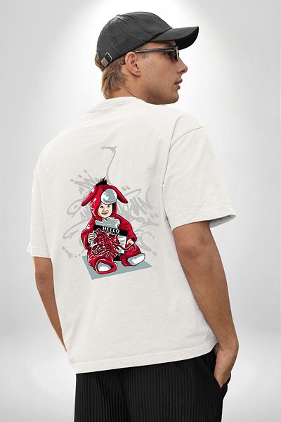 Angemiel The Innocence of Love and Art Graffiti Rabbit White Oversize Women's Men's Front and Back Printed T-Shirt