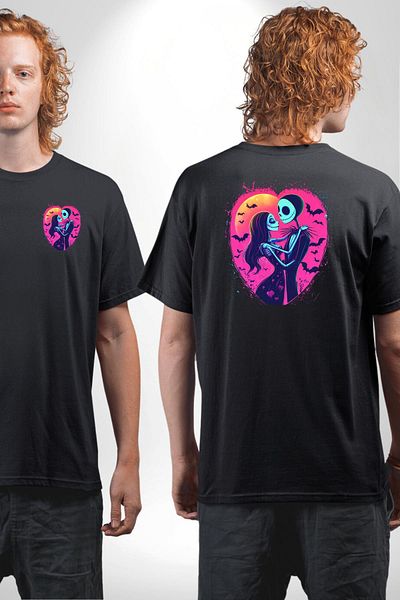 Angemiel Fear and Love Themed Jack & Sally Valentine's Day Black Oversize Women's Men's Front and Back Printed T-Shirt