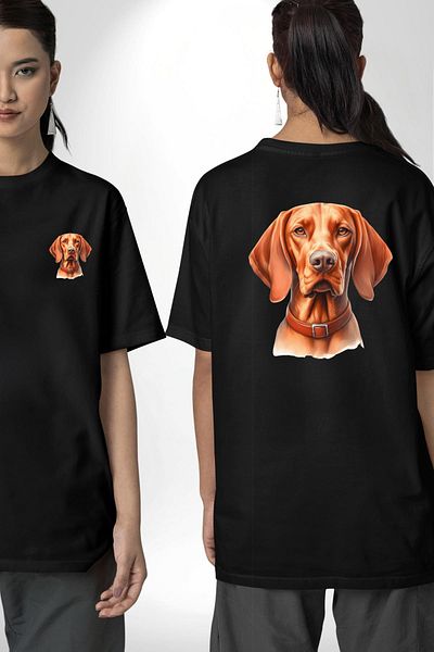 Angemiel Vizsla Energetic Hunting Dog Design Black Oversize Women's Men's Front and Back Printed T-Shirt