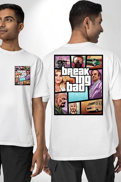 Angemiel تي شيرت مطبوع عليه شخصية Breaking Bad GTA Style باللون الأبيض للنساء والرجال من الأمام والظهر