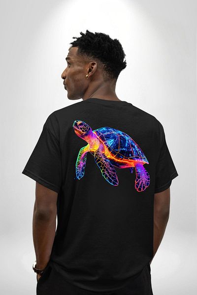 Angemiel Neon Turtle Black Oversize Women's Men's Front and Back Printed T-Shirt