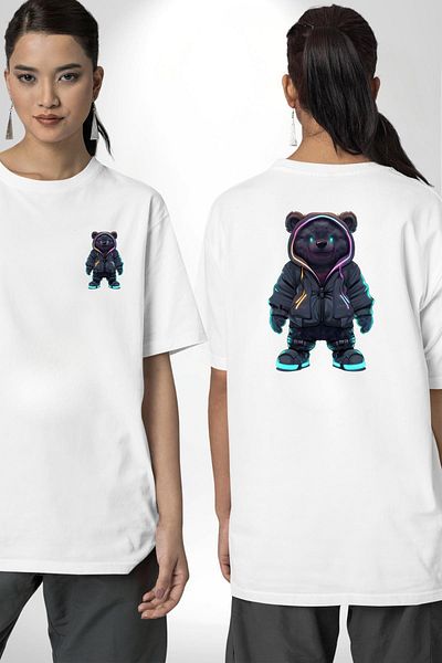 Angemiel Teddy Bear White Oversize Women's Men's Front and Back Printed T-Shirt with Bright Neon Detail Night Style