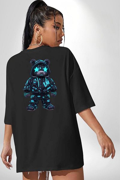 Angemiel Neon Night Glow Cyberpunk Teddy Bear Black Oversize Women's Men's Front and Back Printed T-Shirt
